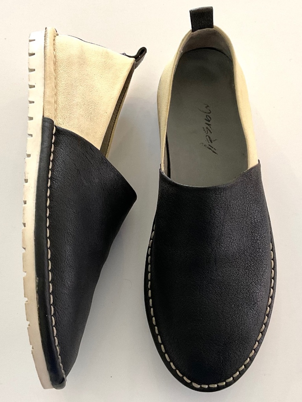 MARSELL Flat Leather Loafers Black Cream Made in Italy Size EU 36